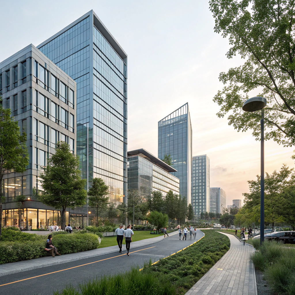 A realistic depiction of modern urban officetel buildings, emphasizing sleek architecture and contemporary designs, surrounded by greenery and urban elements, conveying a sense of convenience and lifestyle for young professionals and students, all set against a soft, harmonious background color that complements the overall atmosphere.